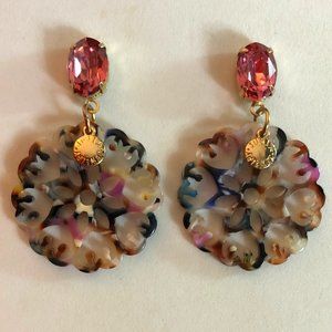 Big Flower Earrings Pink Rhinestone Multi Colored Resin Gold Pltd 2"